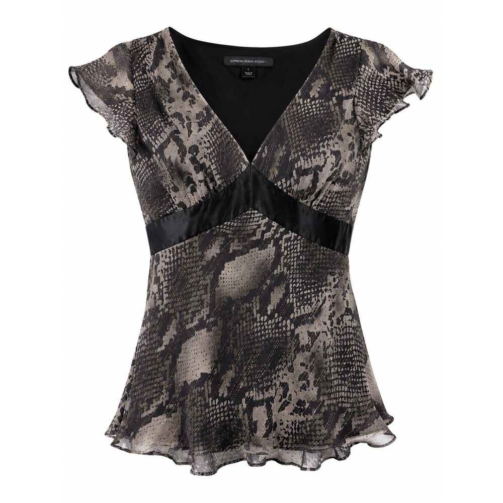 Express Design Studio Silk V-Neck Peplum Blouse Large Snake Print